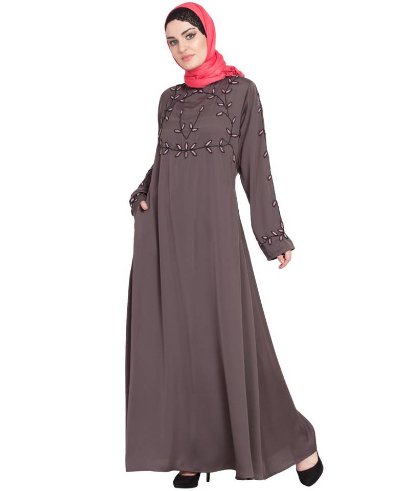 Brown Embroidered Nida Abaya