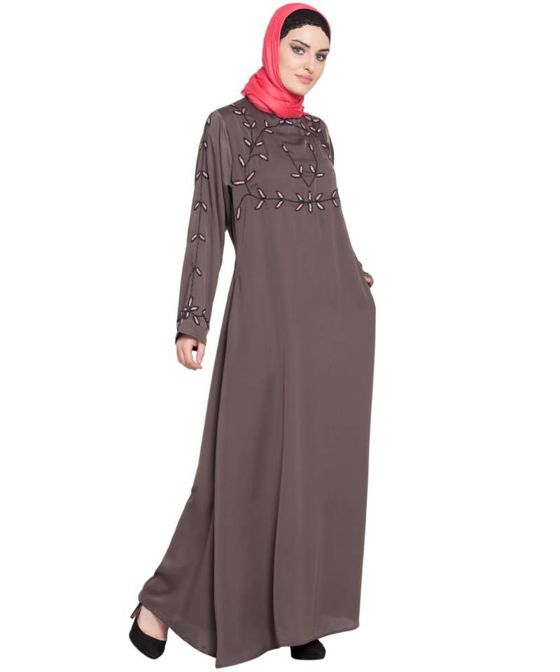 Brown Embroidered Nida Abaya