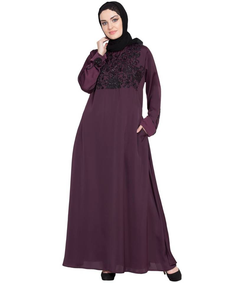 Violet Embroidered Nida Abaya
