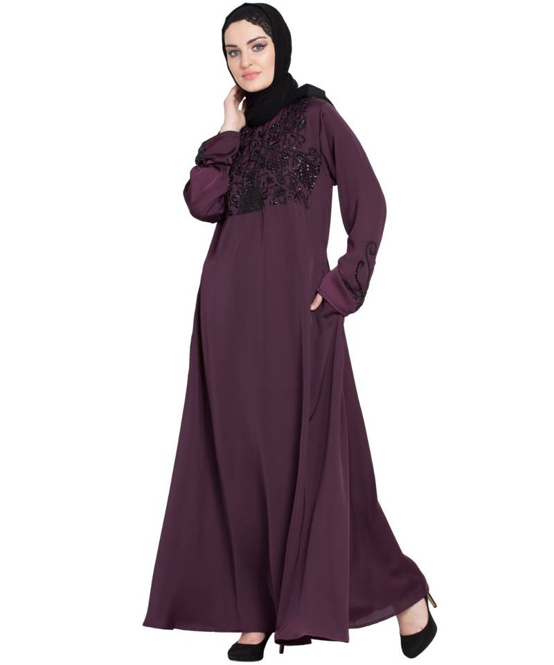 Violet Embroidered Nida Abaya