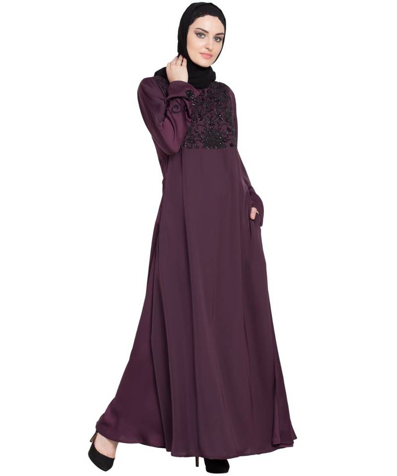 Violet Embroidered Nida Abaya