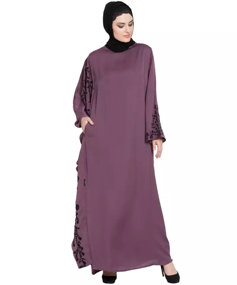 Purple Embroidered Nida Abaya
