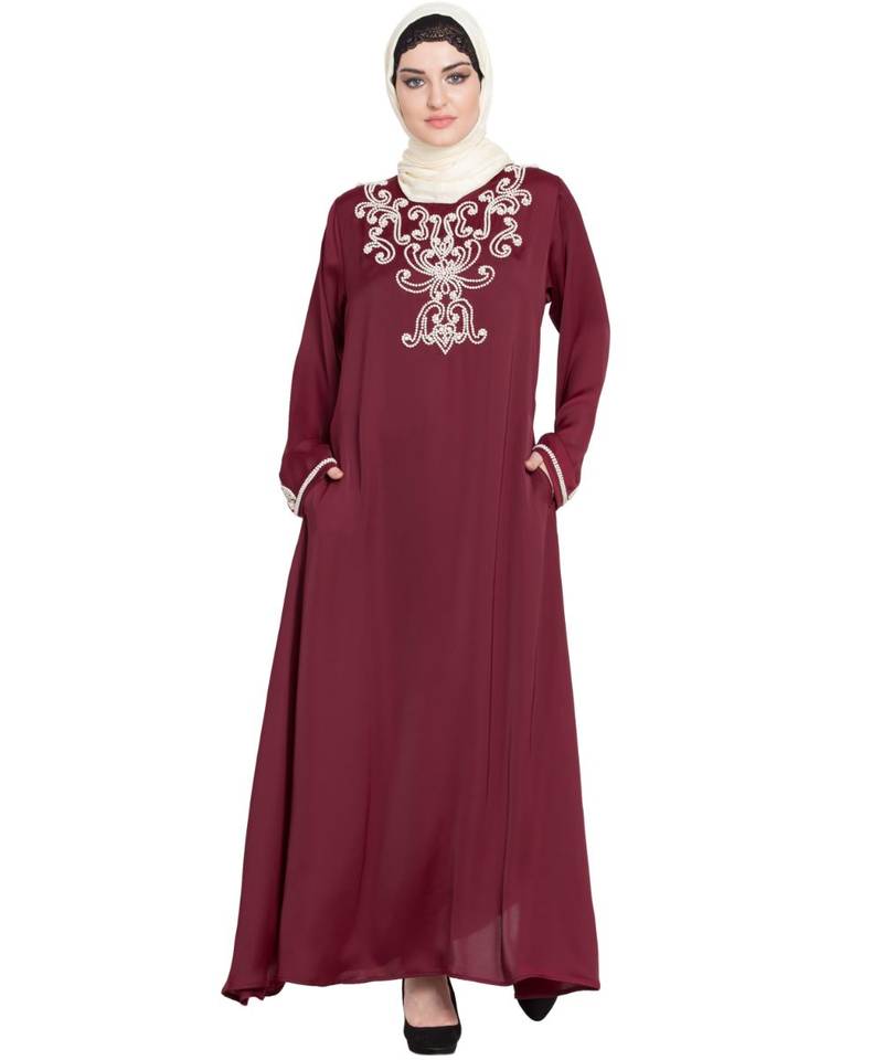 Maroon Embroidered Nida Abaya
