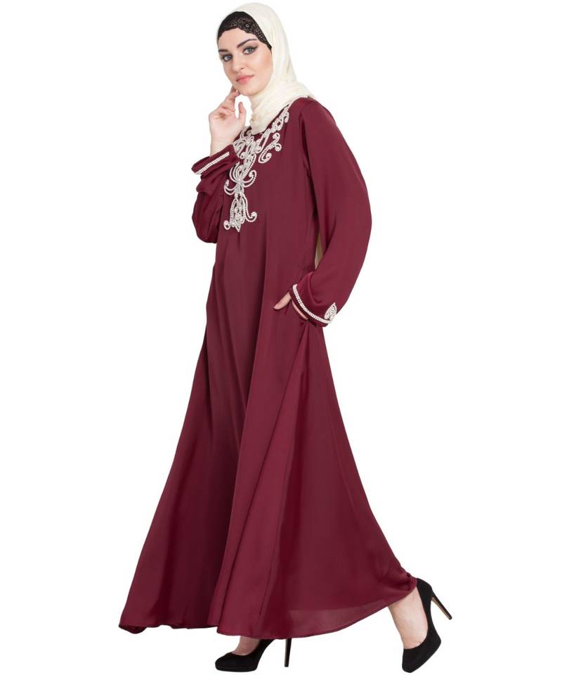 Maroon Embroidered Nida Abaya