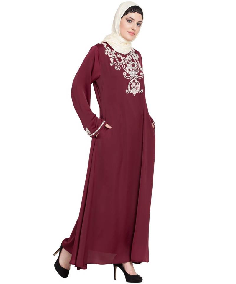 Maroon Embroidered Nida Abaya