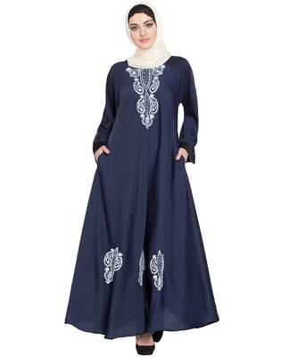 Blue Embroidered Nida Abaya 1