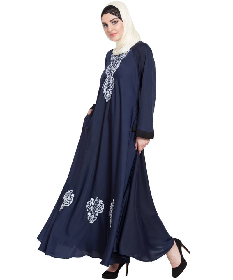Blue Embroidered Nida Abaya