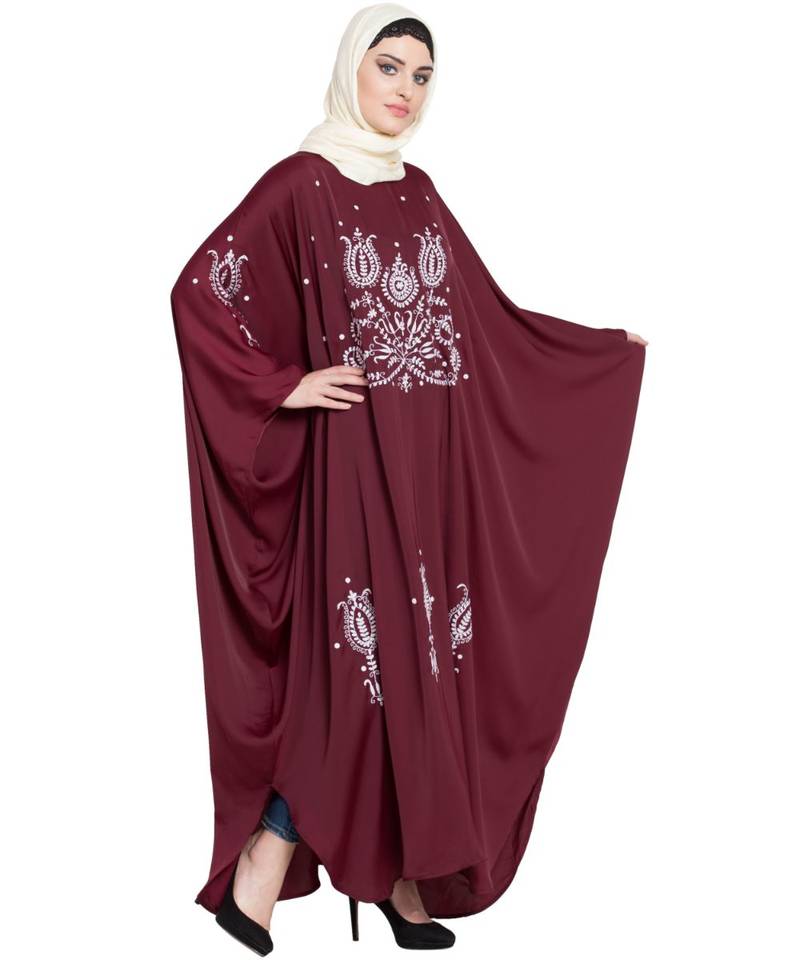 Maroon Embroidered Nida Abaya