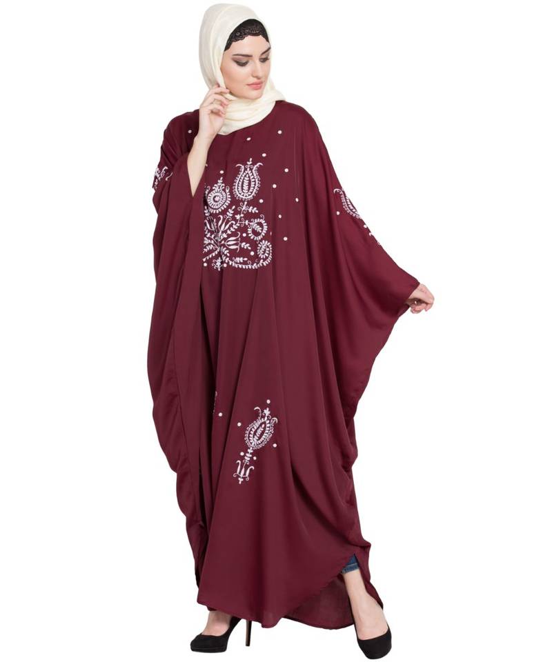 Maroon Embroidered Nida Abaya