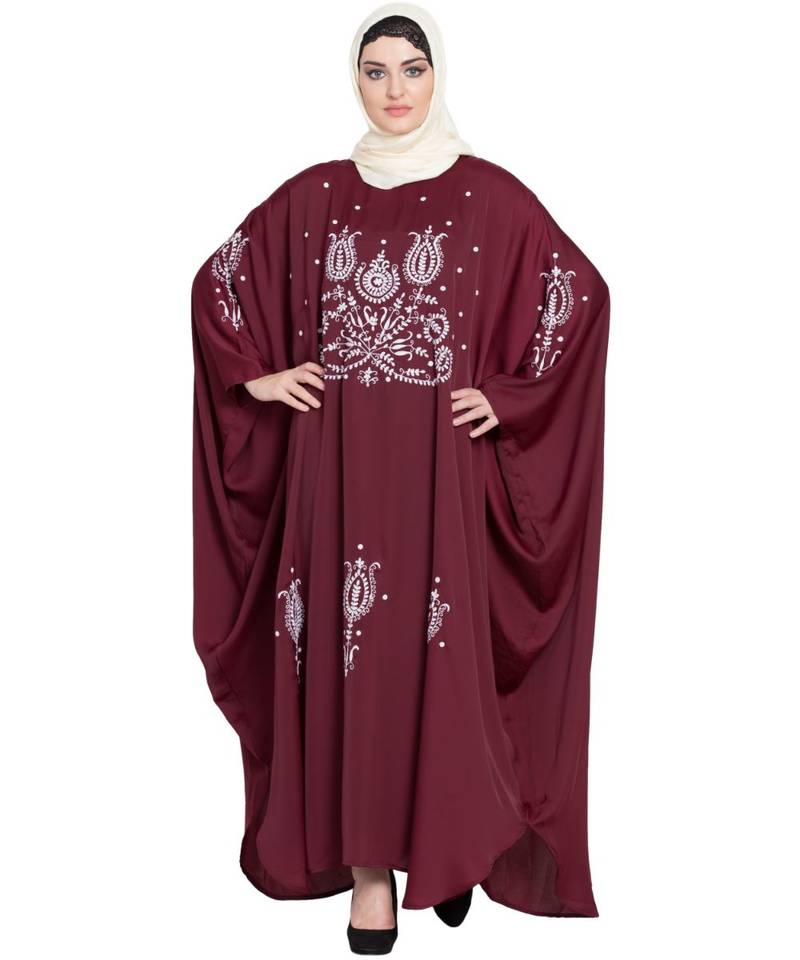 Maroon Embroidered Nida Abaya