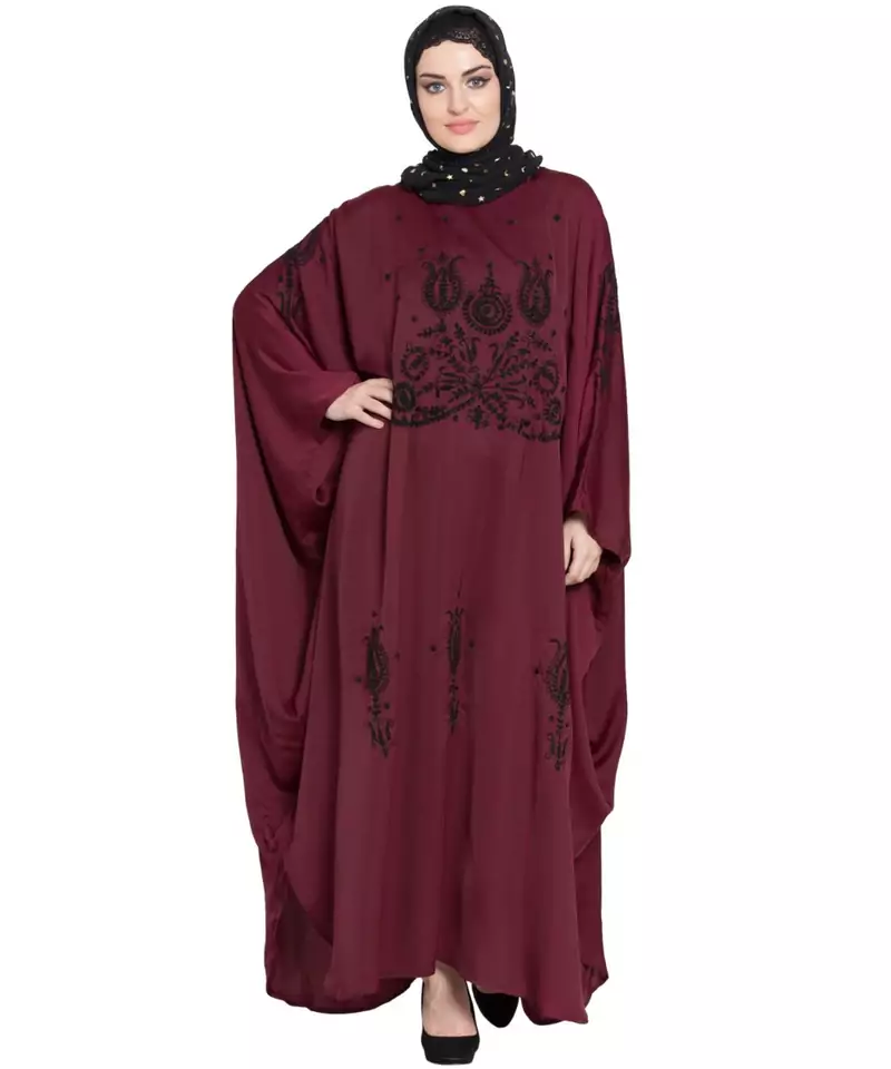 Maroon Embroidered Nida Abaya