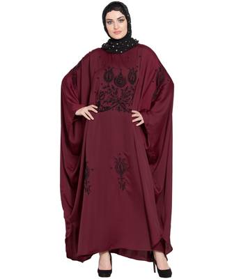 Maroon Embroidered Nida Abaya 2