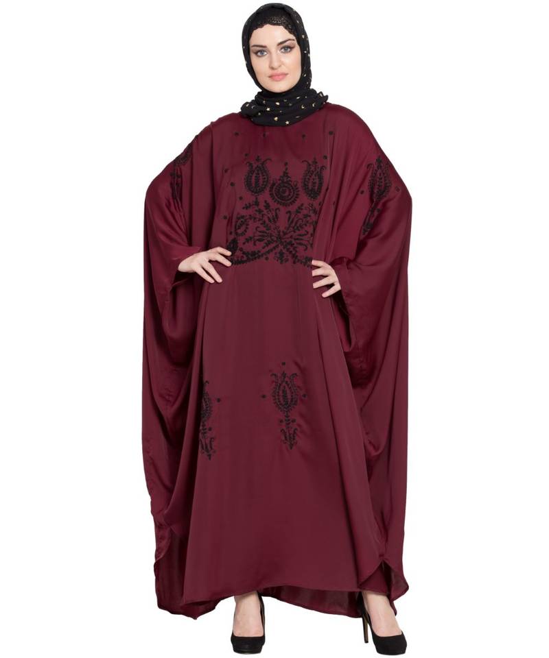 Maroon Embroidered Nida Abaya