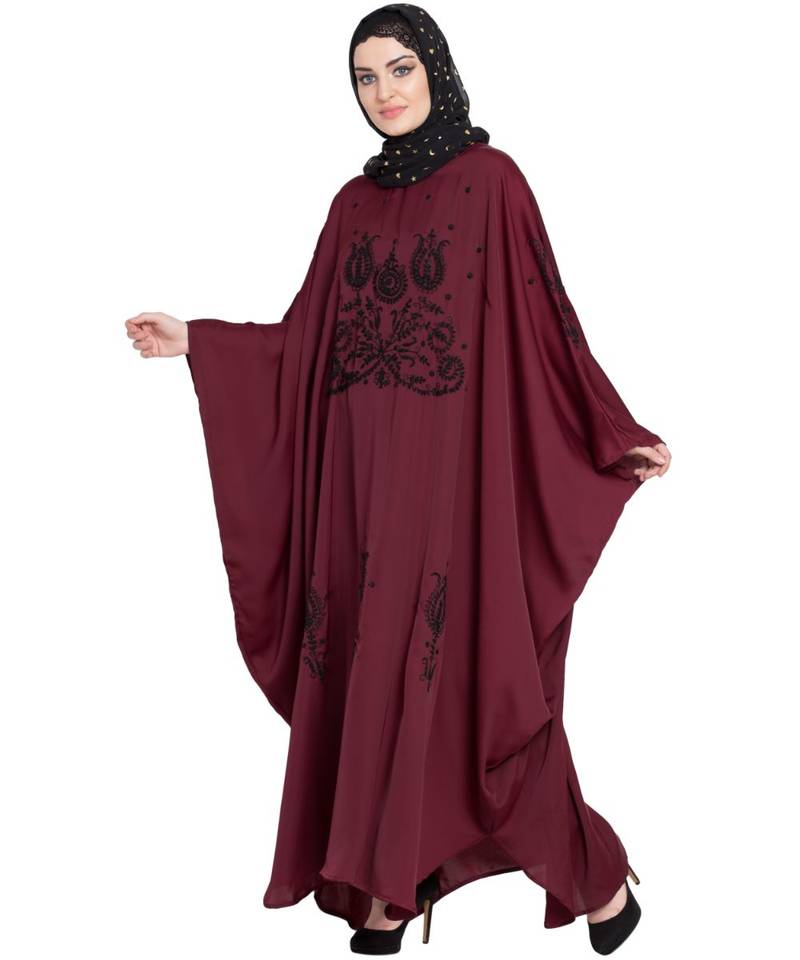Maroon Embroidered Nida Abaya