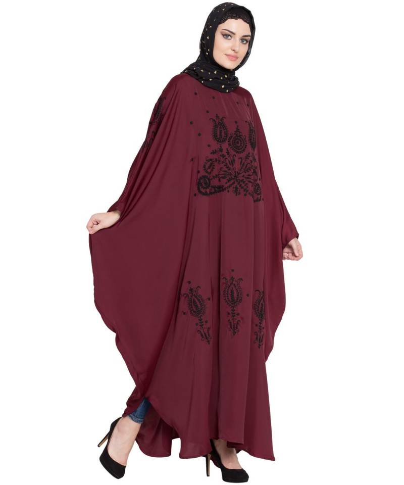 Maroon Embroidered Nida Abaya
