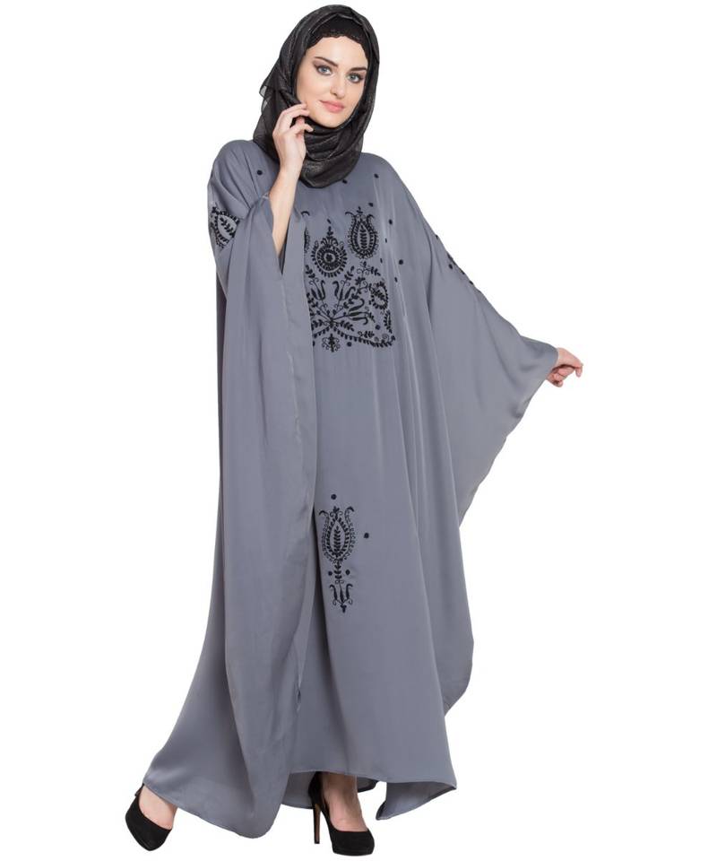 Grey Embroidered Nida Abaya