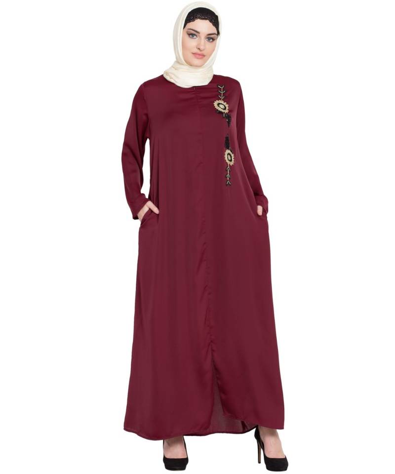 Maroon Embroidered Nida Abaya