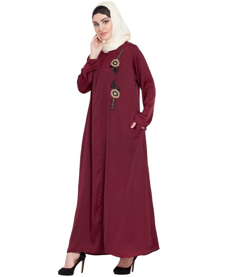 Maroon Embroidered Nida Abaya