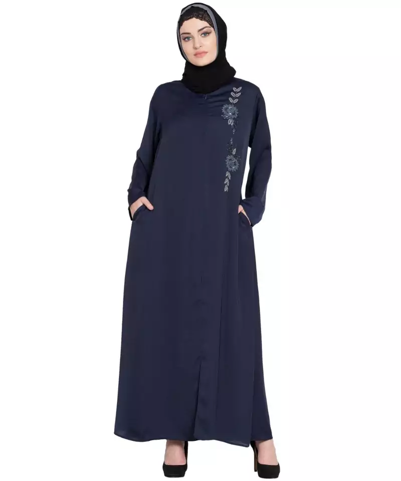 Blue Embroidered Nida Abaya