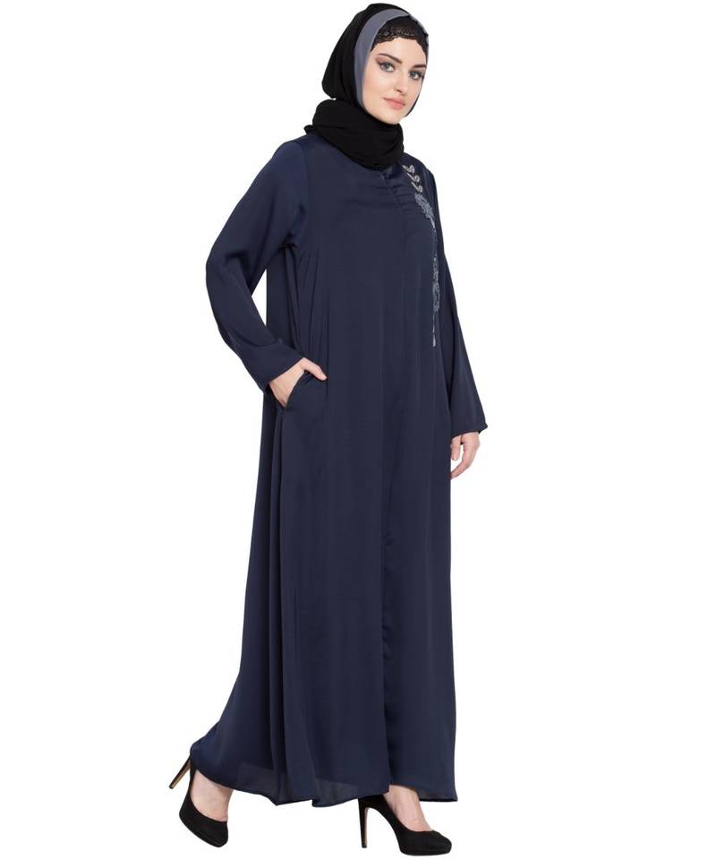 Blue Embroidered Nida Abaya