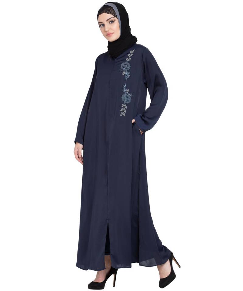 Blue Embroidered Nida Abaya