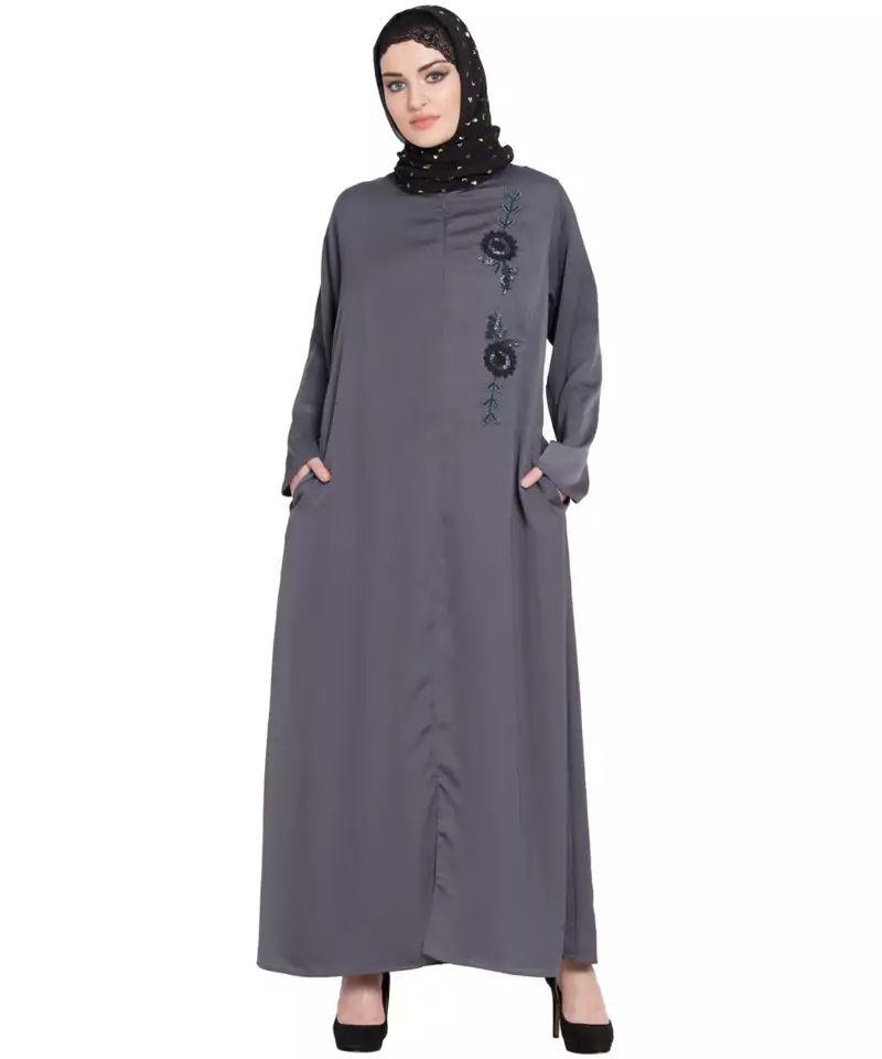 Grey Embroidered Nida Abaya