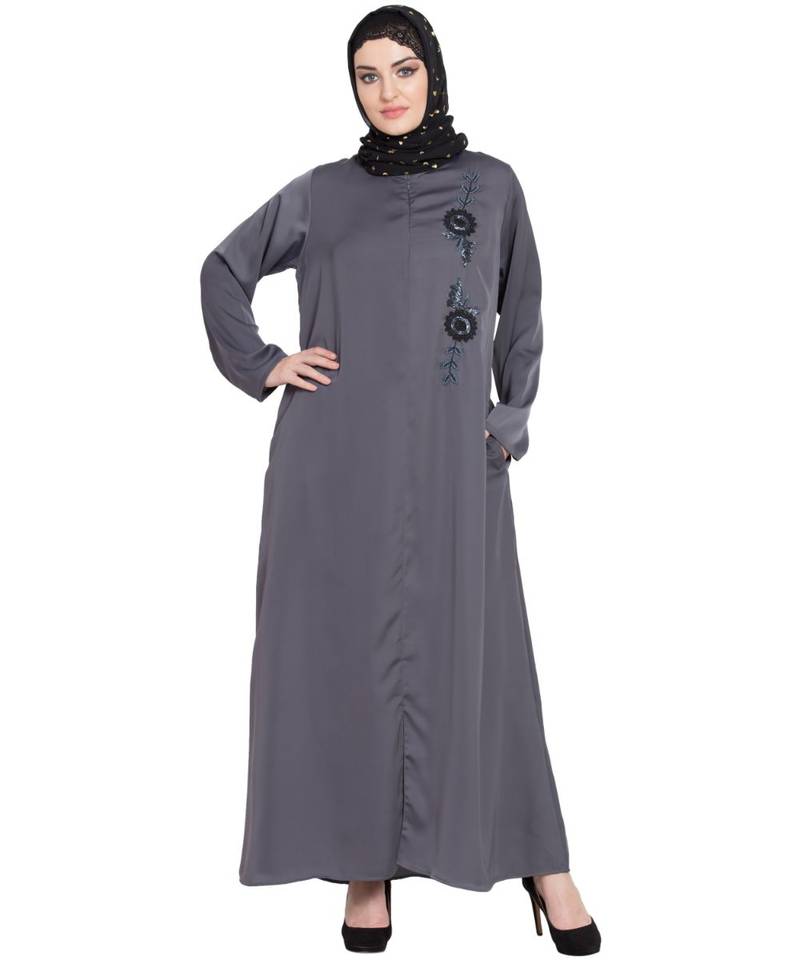 Grey Embroidered Nida Abaya