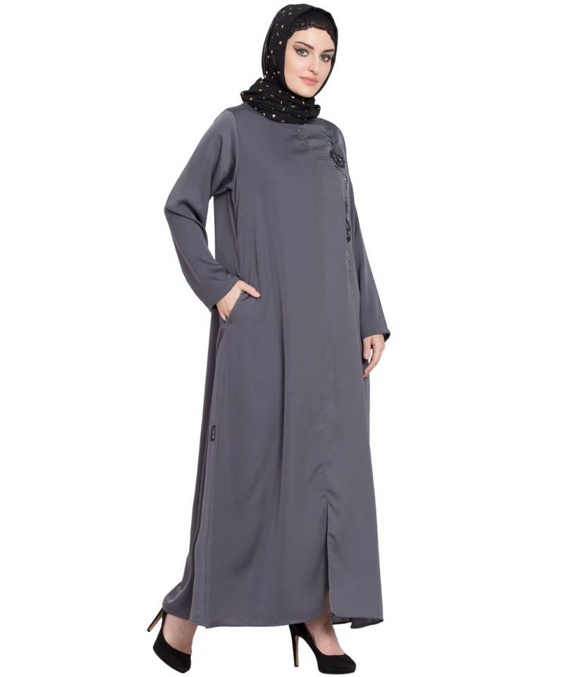 Grey Embroidered Nida Abaya