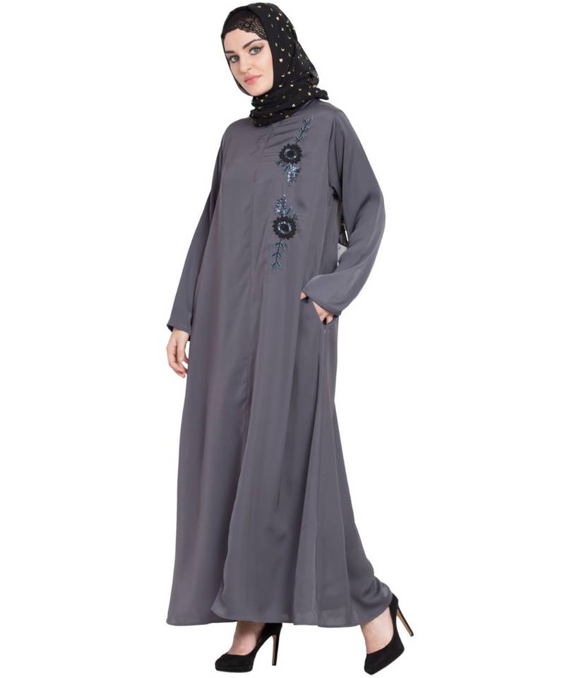 Grey Embroidered Nida Abaya
