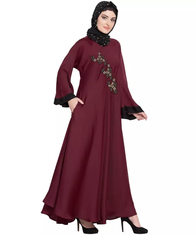 Maroon Embroidered Nida Abaya