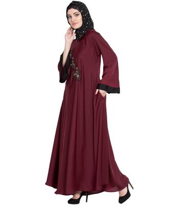 Maroon Embroidered Nida Abaya 2