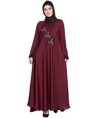 Maroon Embroidered Nida Abaya 3