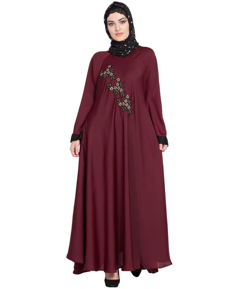 Maroon Embroidered Nida Abaya