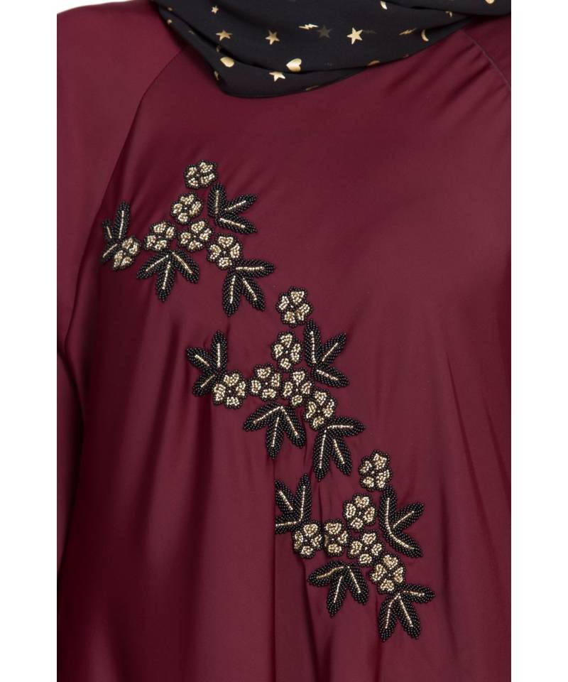 Maroon Embroidered Nida Abaya