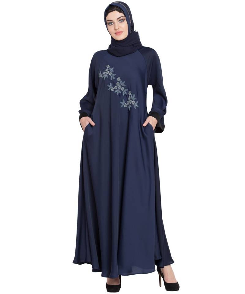 Blue Embroidered Nida Abaya
