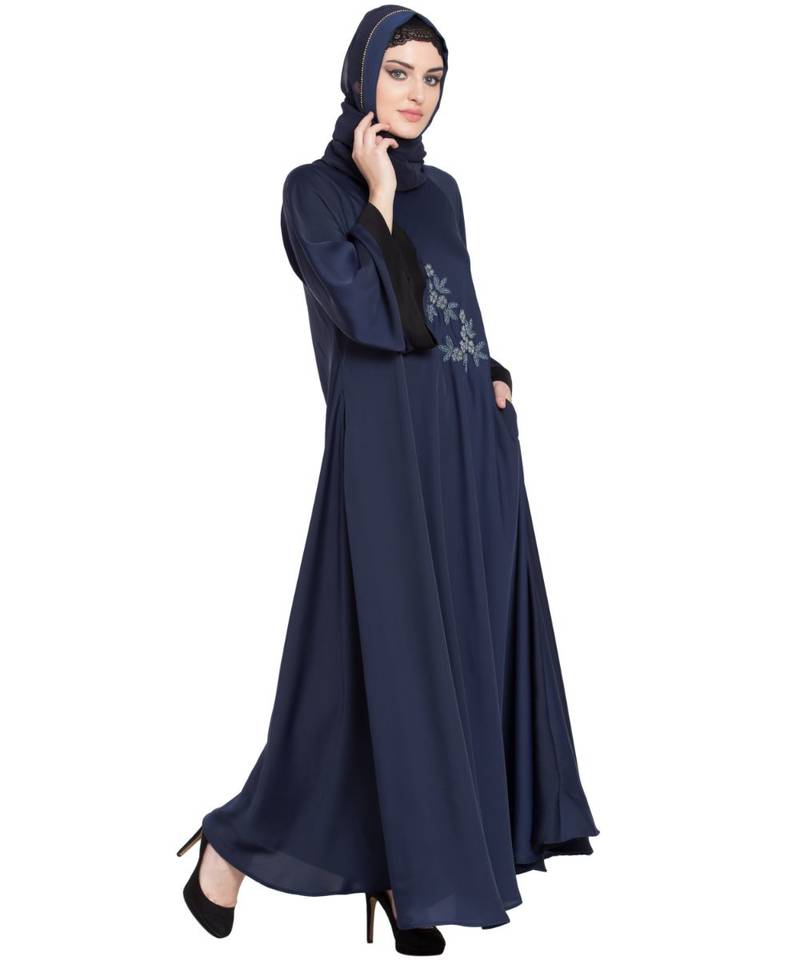 Blue Embroidered Nida Abaya