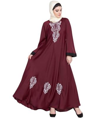 Maroon Embroidered Nida Abaya 1