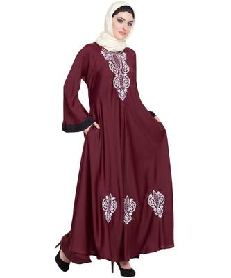 Maroon Embroidered Nida Abaya 2