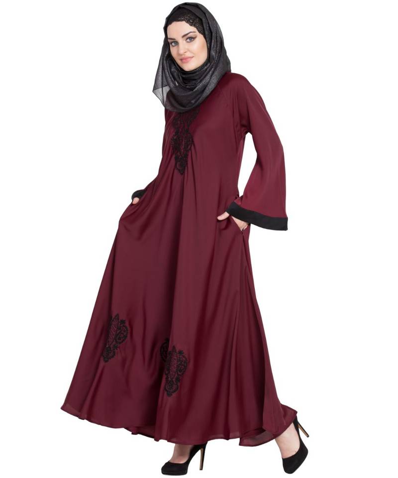 Maroon Embroidered Nida Abaya