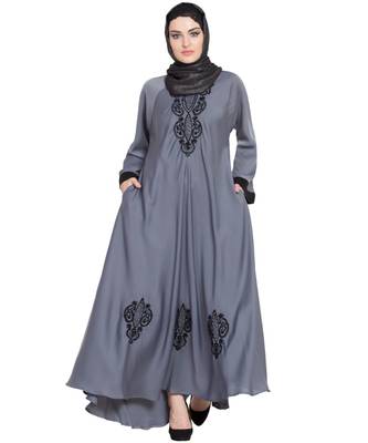 Grey Embroidered Nida Abaya 2
