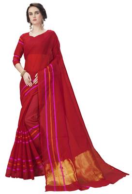 Red woven cotton poly saree with blouse 1