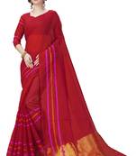 Red woven cotton poly saree with blouse