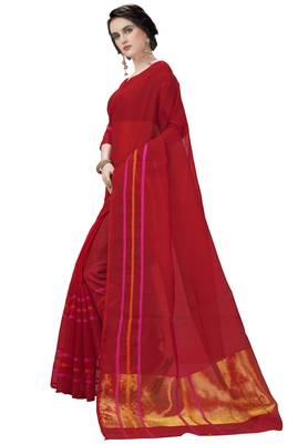 Red woven cotton poly saree with blouse 2