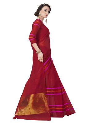 Red woven cotton poly saree with blouse 3