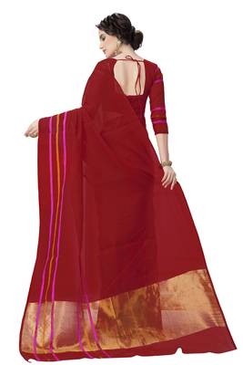 Red woven cotton poly saree with blouse 4