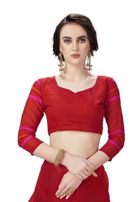 Red woven cotton poly saree with blouse 5