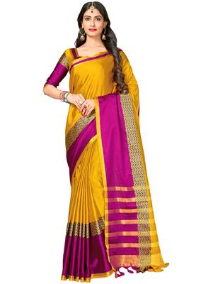 Yellow woven cotton poly saree with blouse 1