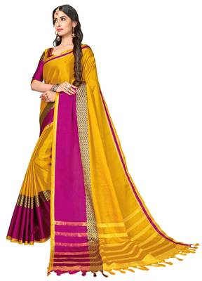 Yellow woven cotton poly saree with blouse 2
