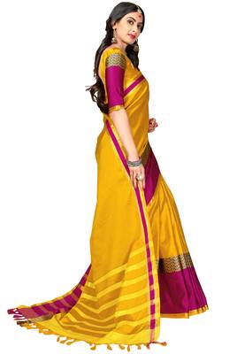 Yellow woven cotton poly saree with blouse 3