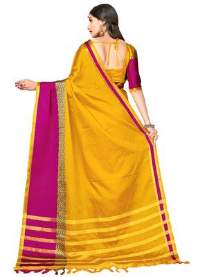 Yellow woven cotton poly saree with blouse 4